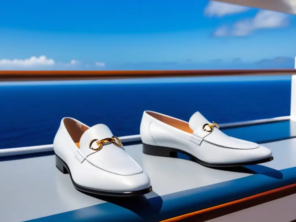 Zapatos blancos de cuero en un lujoso crucero, reflejando elegancia y comodidad