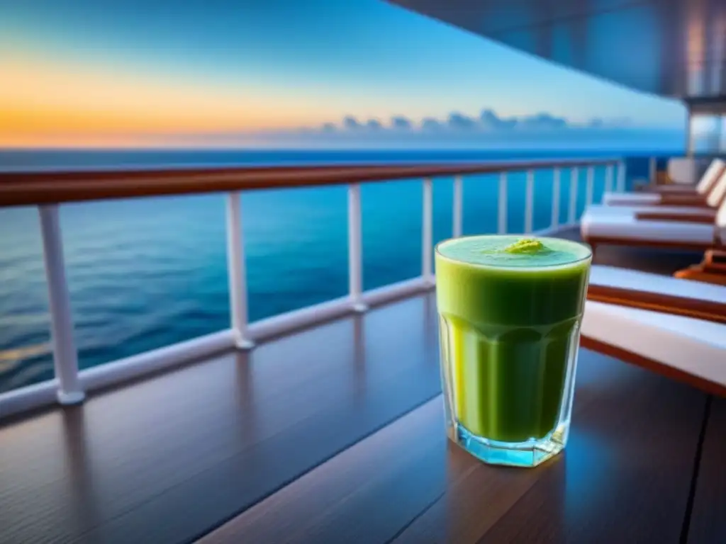 Zumos detox para cruceristas en cubierta al amanecer, con vista al mar y sol dorado